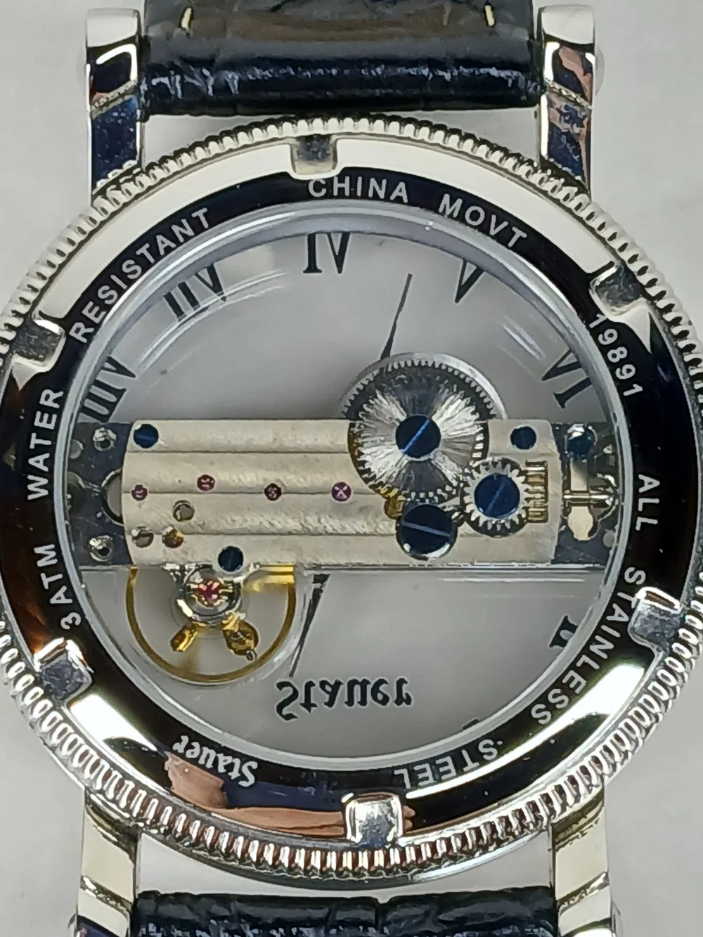 ​Stauer Men's Mechanical Skeleton Watch Blue Hands Leather Strap 3ATM Box 19891